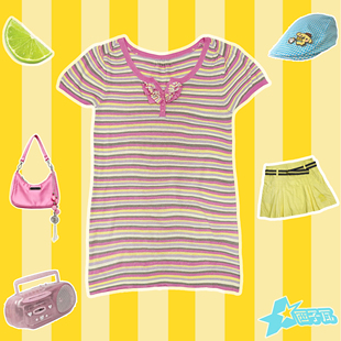 可露丽风多巴胺夏日彩虹Y2K千禧彩色条纹弹力短袖 上衣薄针织衫