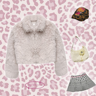 日杂风温柔风杏粉色毛毛环保皮草高腰短款 外套