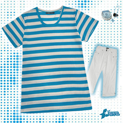 复古古早感蓝条纹夏季休闲圆领直筒短袖针织T恤女