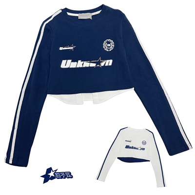 棒球滑板运动美式复古运动风字母印花露脐假两件长袖短T恤女