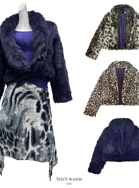 西子瓦日系古早涩谷Gyaru风辣妹豹纹环保皮草长毛毛翻领短款外套