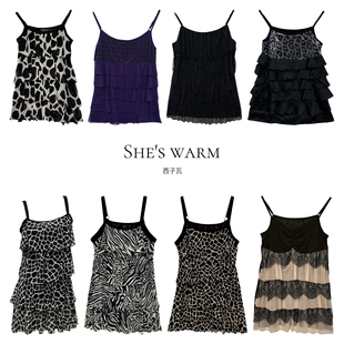 复古豹纹网纱民族风流浪风度假休闲针织蛋糕弹力吊带集合