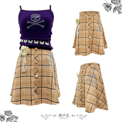 日系古早昭和早韩千禧复古厚款百搭烫钻羊毛橘黄格子毛呢短裙