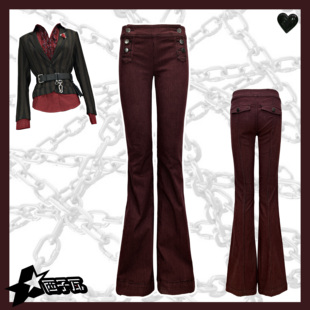 拖地裤 vintage复古辣妹红黑条纹紧身弹力低腰长款 喇叭裤