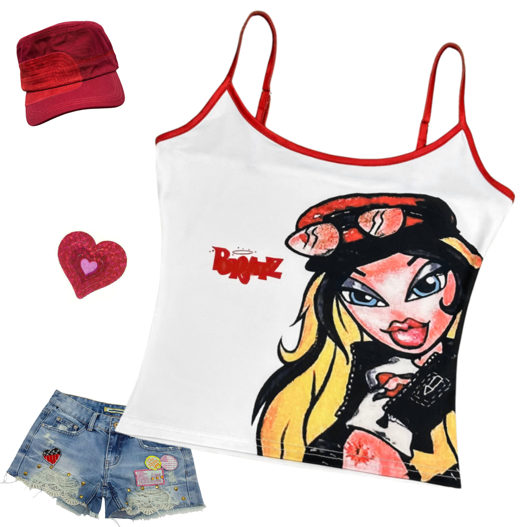 辣妹风卡通印花女白色撞色红色个性夏季Y2k风短款吊带