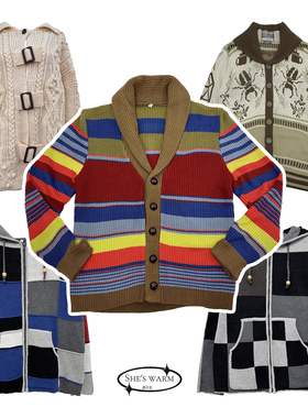 vintage复古学院复古休闲拼色宽松针织毛衣开衫男女同款外套集合