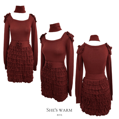 古早昭和气质优雅高品质设计感针织羊毛弹力修身长袖连衣裙