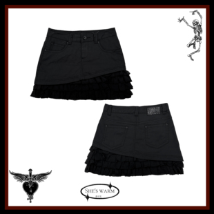 瑕疵特价 ｜暗黑甜酷辣妹朋克摇滚小众黑露脐中腰花边短裙半身裙