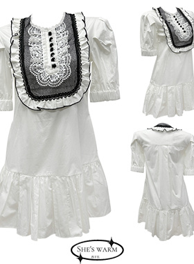 千金Lolita高品质重工蕾丝拼接白色纯棉花边领衬衣连衣裙女