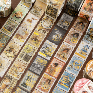 M｜啡常邮趣胶带 烫金模切邮票人物咖啡日常复古手帐和纸拼贴画