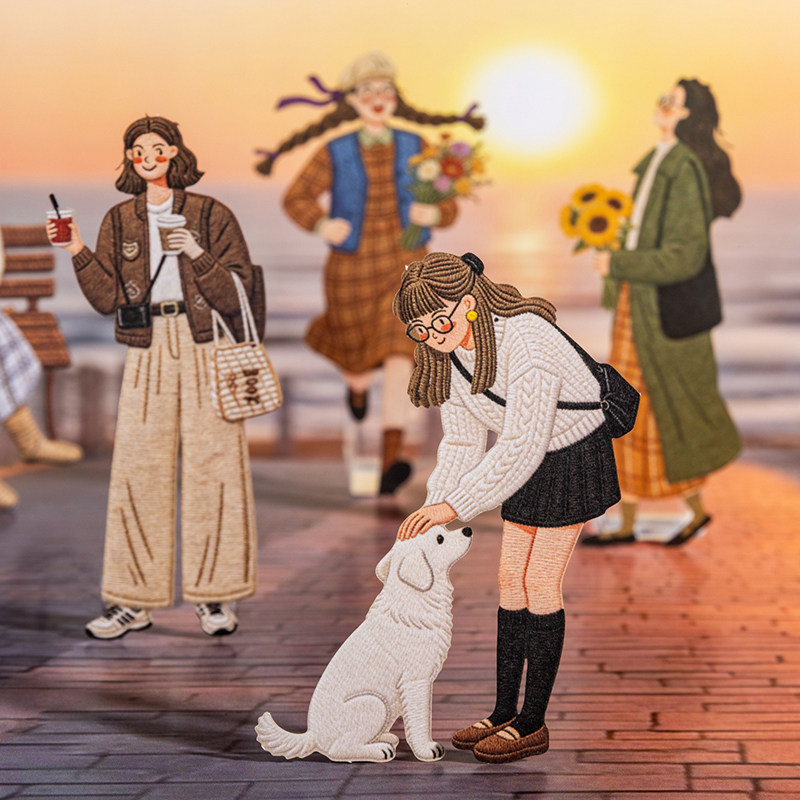 M｜她的小世界贴纸包 刺绣质感人物穿搭猫咪裁边书写纸贴画20张入