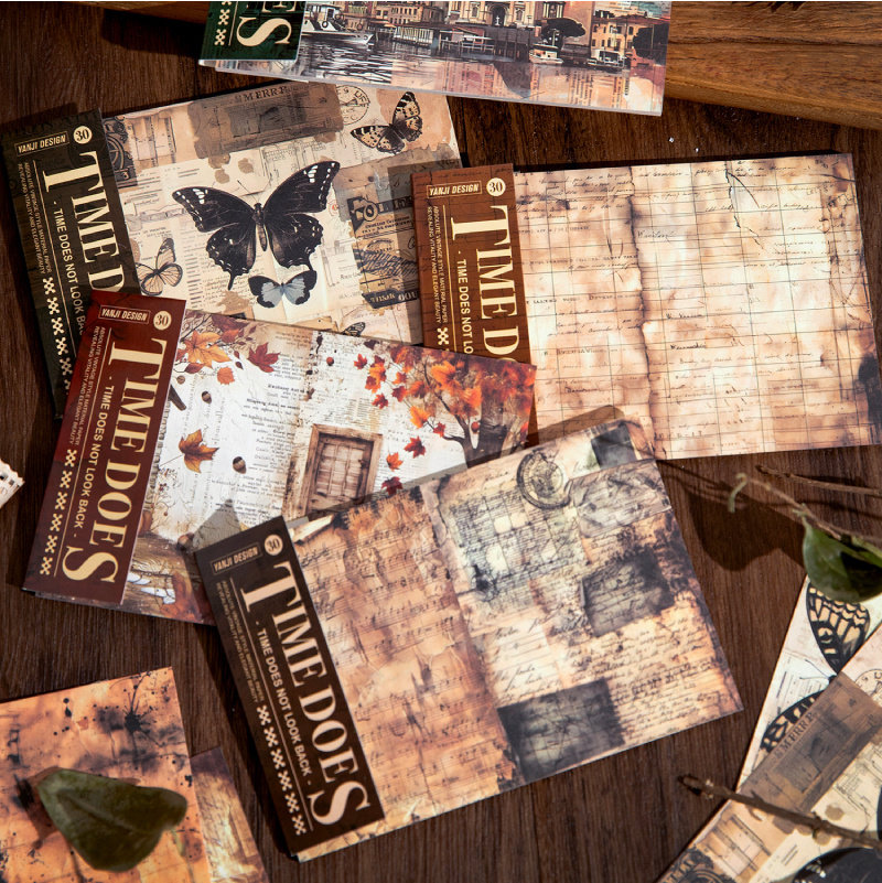 M｜时光不回首素材纸 复古蝴蝶秋叶船只纹理白牛皮纸30张入无重复