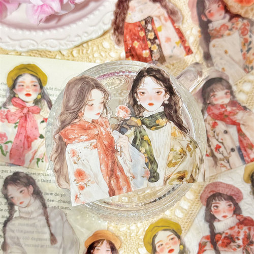 手账贴纸韩系少女秋冬穿搭插画