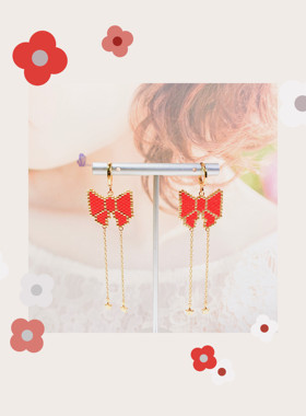 8floorA日式日系手工手作串珠新年红色蝴蝶结流苏链条星星耳环