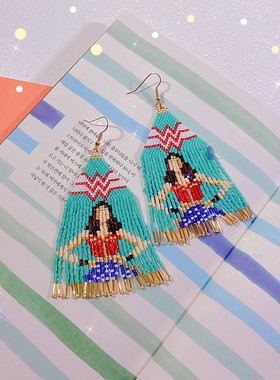 8floorA日式日系手工手作串珠卡通神奇女侠长款流苏耳钩耳夹耳环