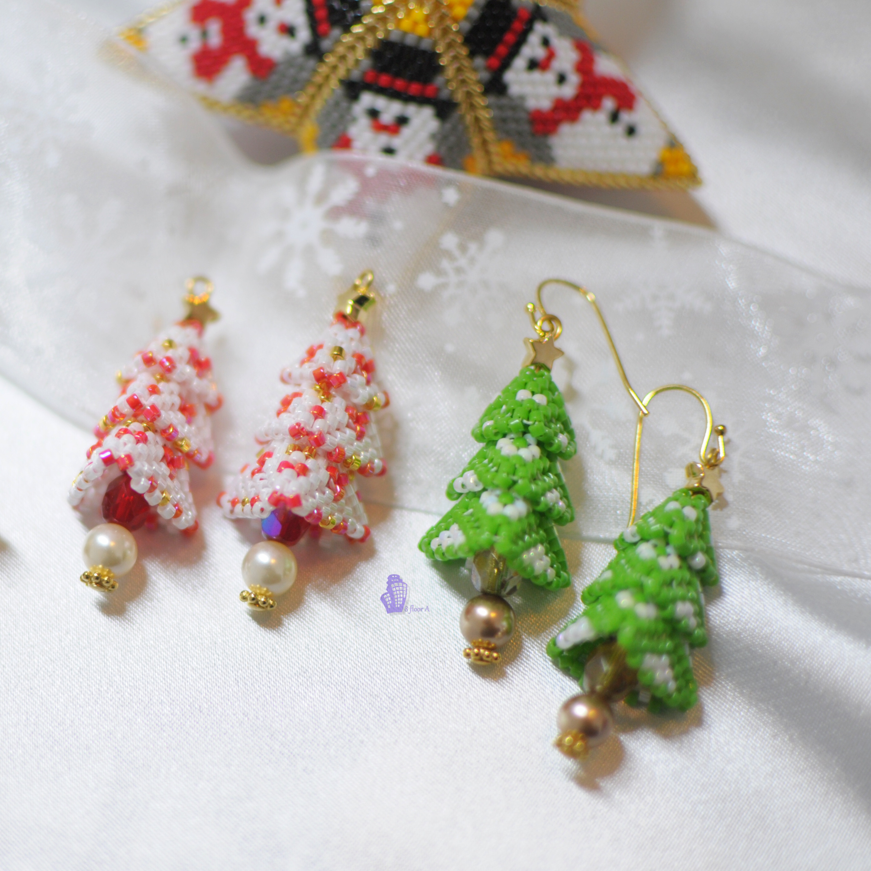 8floorA日式日系手工手作串珠立体圣诞树水晶珍珠耳钩耳夹耳环