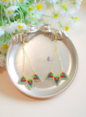 8floorA日式日系手工手作全新串珠三片小树叶链条耳钩耳夹耳环