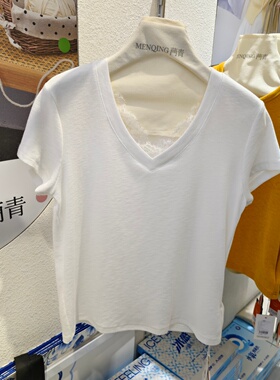 门青2026年春夏新款女士V领蕾丝上衣D126TX258款时尚短袖T