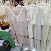 8943甜美风碎花V领睡衣女夏季 带胸垫舒适家居服套装 短袖 长裤