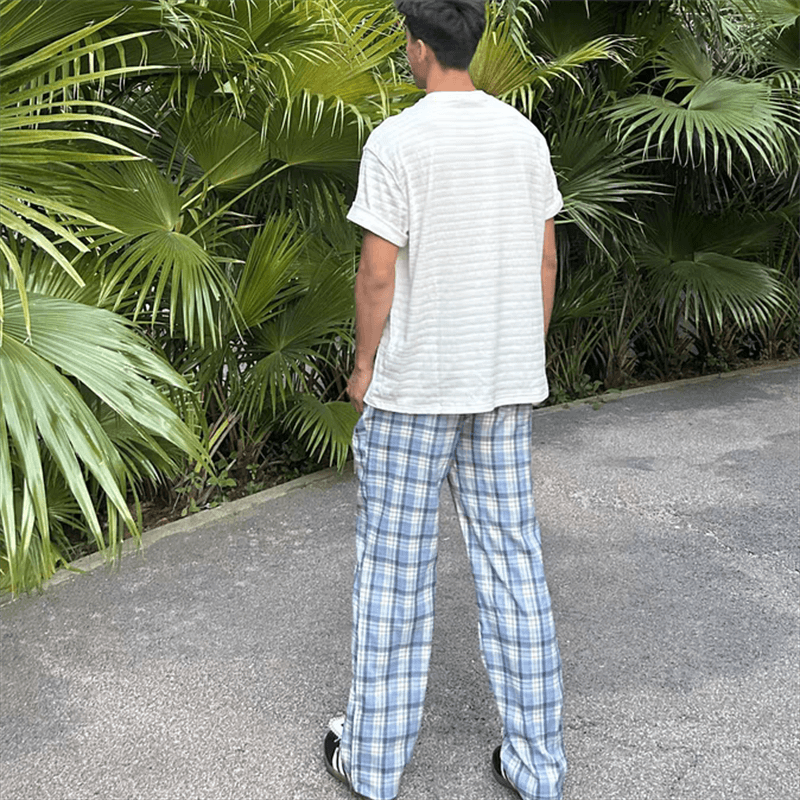 春秋新款2025潮牌春秋男蓝色格子裤美式休闲长裤直筒宽松学生篮球图片