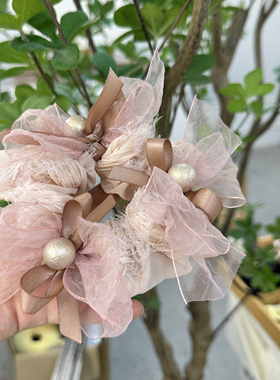 21169 原创网纱蝴蝶结发绳珍珠大肠圈粉色糖果珠发圈头饰