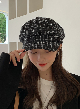 黑色八角帽子女2025新秋冬画家帽显脸小贝雷帽线条报童帽格子鸭舌