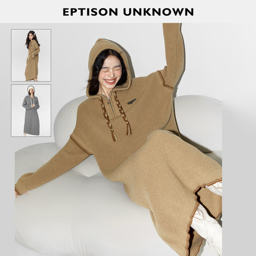 eptison复古连帽针织连衣裙