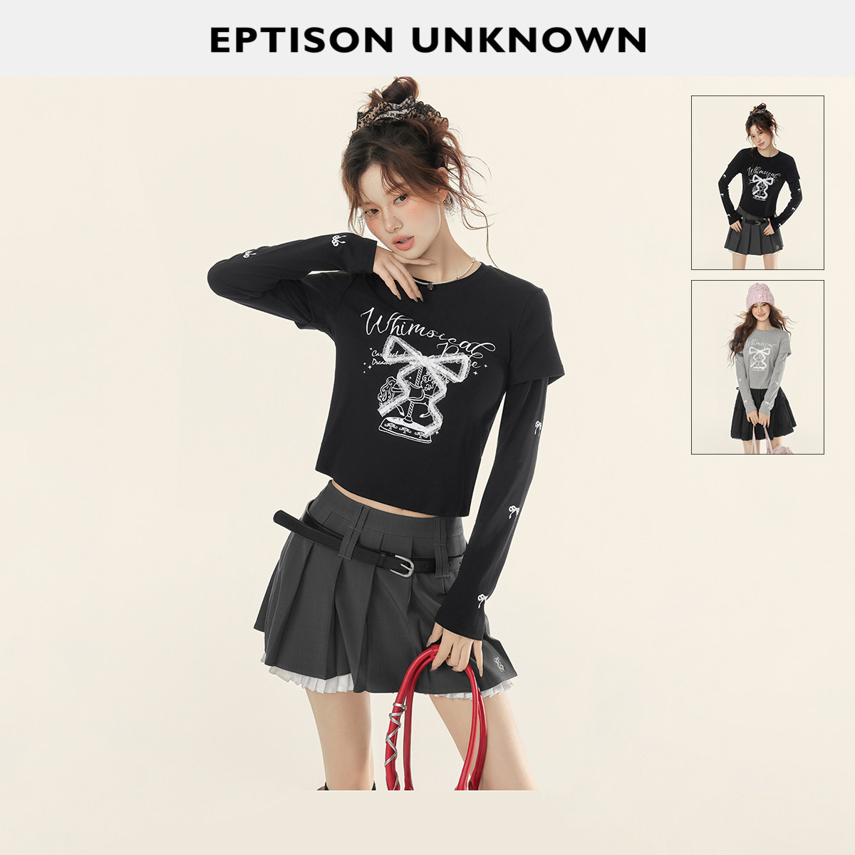 【79/件】EPTISON长袖T恤女冬美式甜辣假两件蝴蝶结修身短款上衣