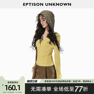 复古撞色连帽假两件T恤短上衣 EPTISON毛针织衫 女2025秋季 新款 修身