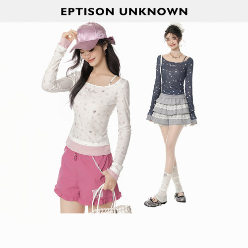 Eptison少女风假两件印花T恤