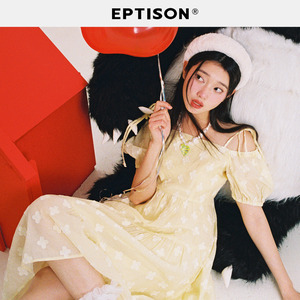 【59/件】EPTISON连衣裙女夏季泡泡袖甜美少女初恋露肩重工花裙子