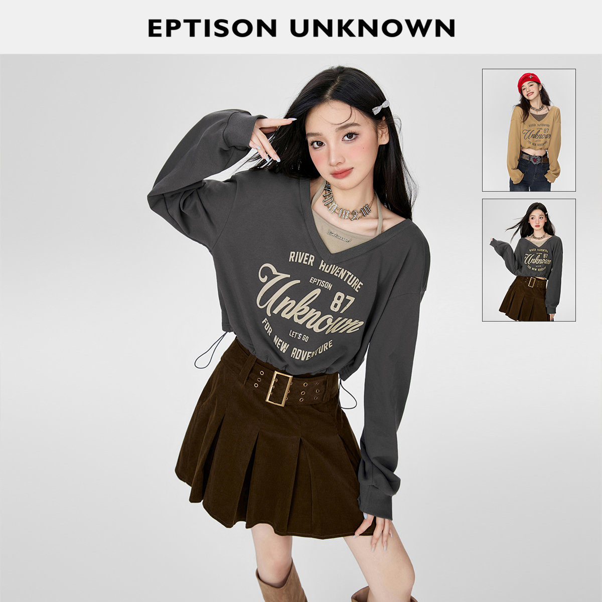 Eptison截短款假两件印花卫衣