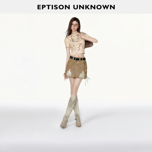 Eptison复古破洞牛仔半身裙