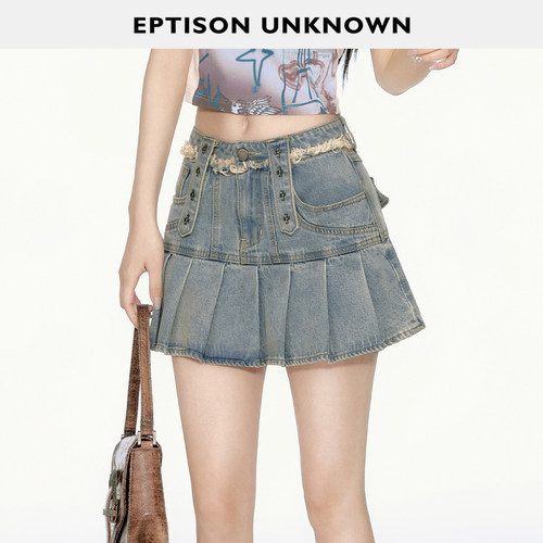 EPTISON高腰辣妹复古牛仔短裙