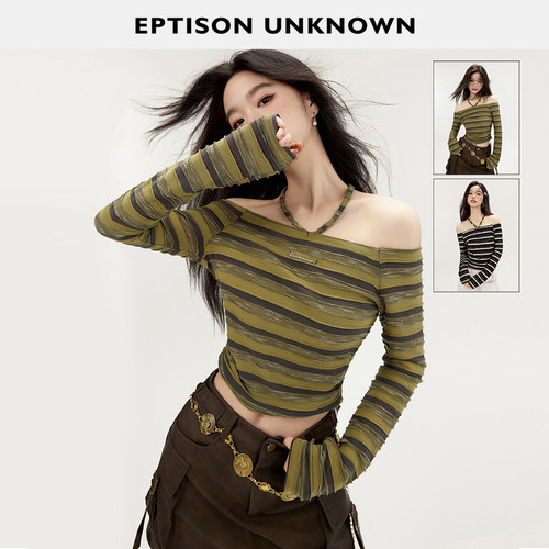 Eptison条纹露肩修身短款上衣