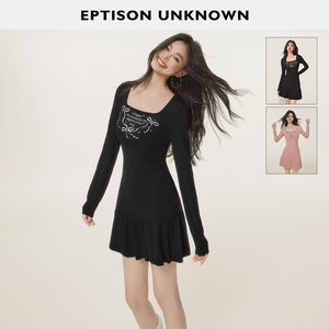 【69/件】EPTISON长袖连衣裙女2025冬新款小个子黑色甜辣针织裙子