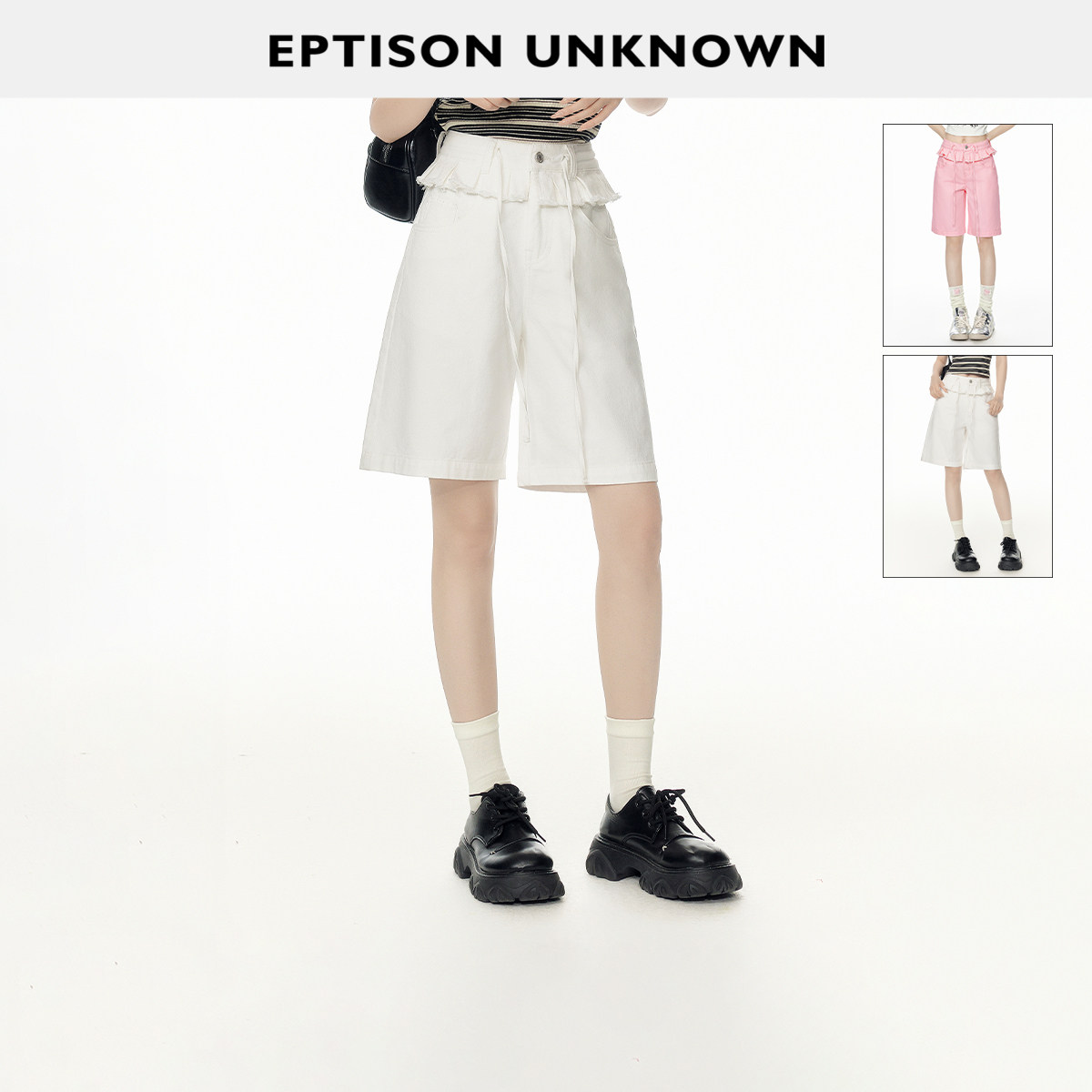 【59/件】EPTISON牛仔短裤女夏纯棉少女风百褶拼接白色直筒五分裤