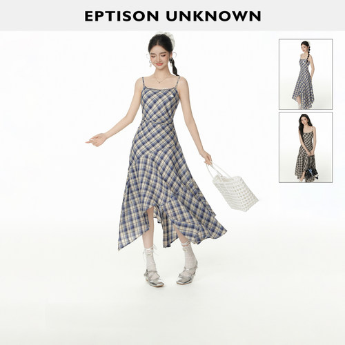 Eptison复古不规则格纹吊带裙