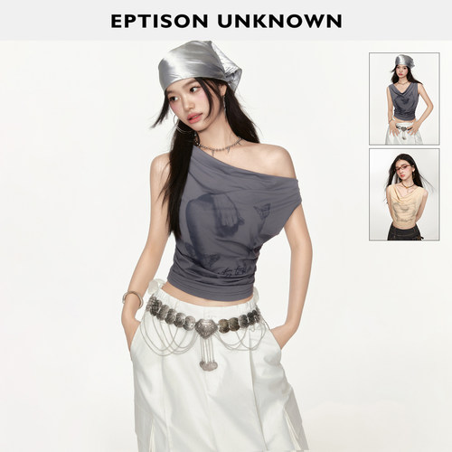 Eptison短款修身荡领印花背心