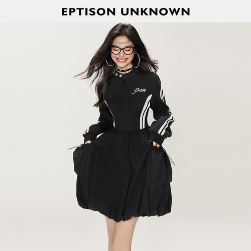 eptison拼接假两件黑色连衣裙