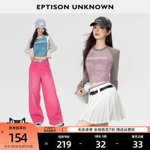 短款 EPTISON美式 新款 辣妹垫肩洋气上衣 T恤女2024春季 复古插肩袖