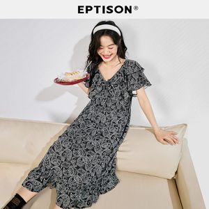 【49/件】EPTISON连衣裙女夏季雪纺印花宽松荷叶边甜美休闲裙子