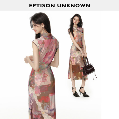 Eptison复古印花新中式旗袍