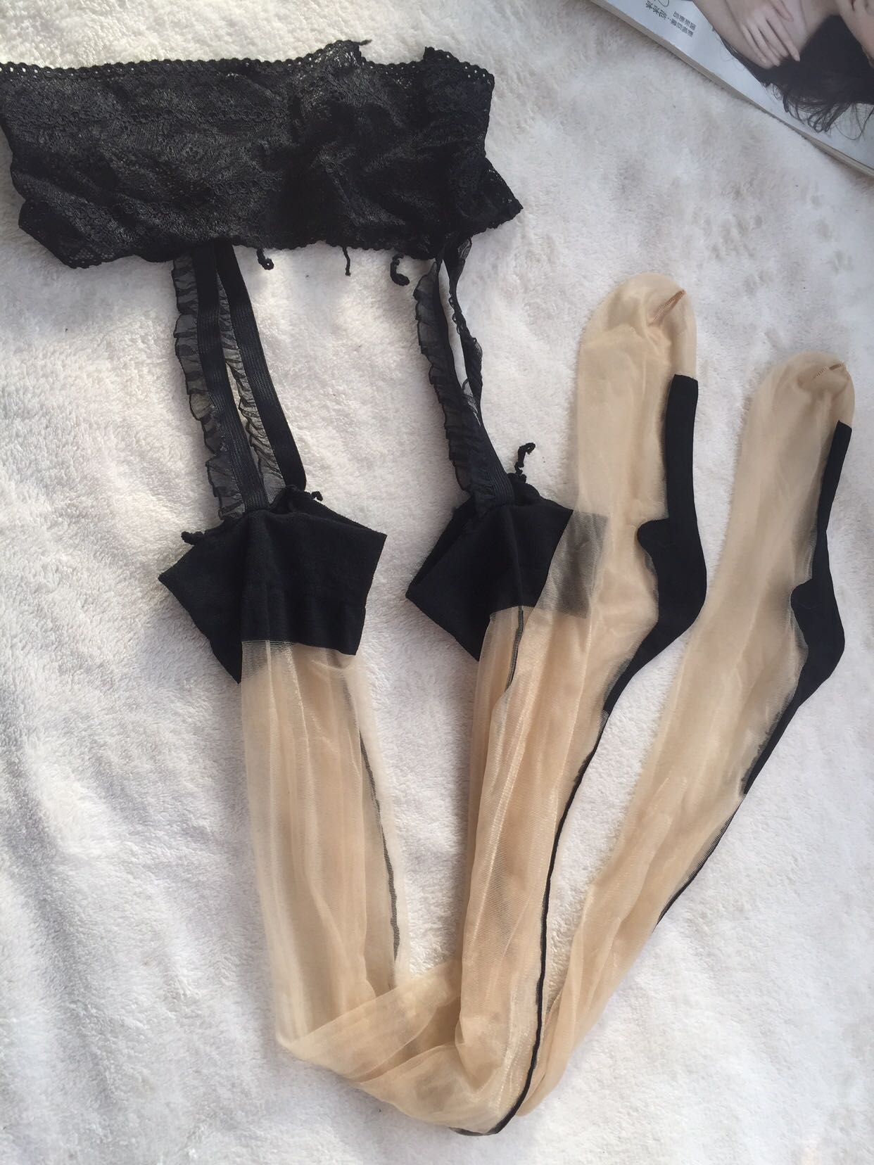 性感蕾丝镂空一体式吊袜带黑色长筒袜激情诱惑超薄透视过膝高筒袜