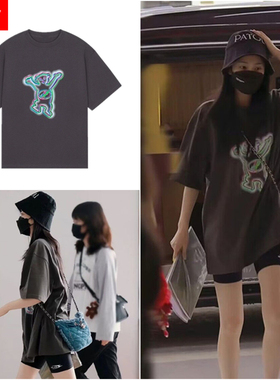 白鹿明星同款宽松幻影小熊短袖t恤女22夏设计感小众大码休闲上衣