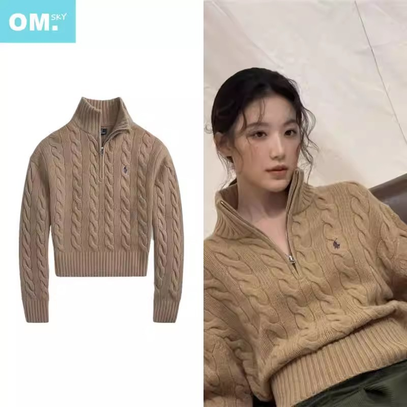 叶舒华同款卡其色立领拉链毛衣