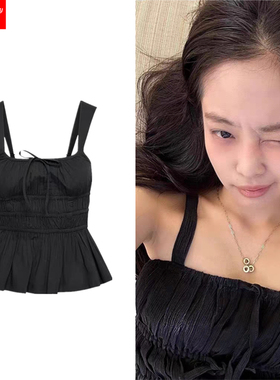 Jennie金珍妮明星同款黑色荷叶边吊带背心女夏收腰无袖甜辣小上衣