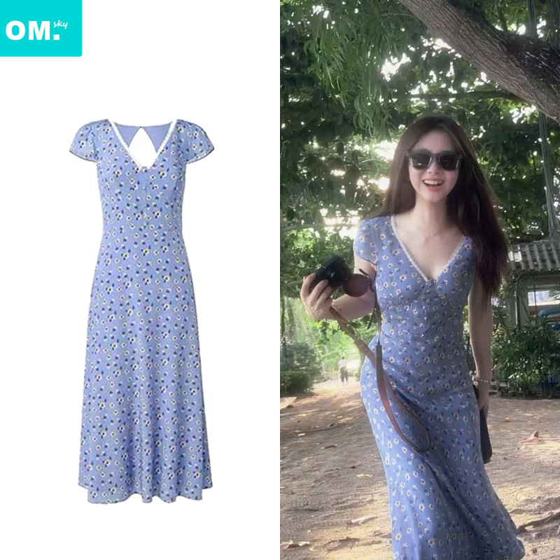 谭松韵同款度假法式雏菊碎花连衣裙女夏季茶歇裙V领短袖收腰裙子