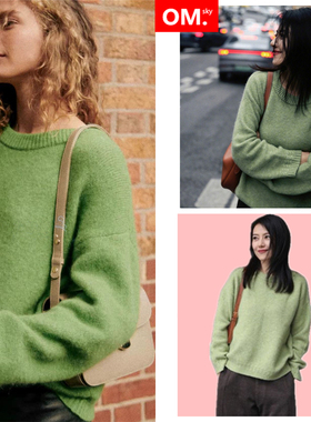 高圆圆明星同款绿色毛衣女秋冬宽松圆领套头上衣软糯针织衫高级感