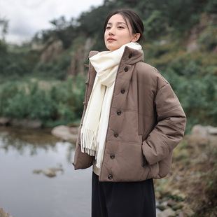 冬文艺复古半高领加厚棉服外套女纯色简约砂洗棉上衣休闲保暖棉衣